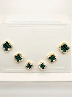 Malachite & Gold Clover Earrings Set 6 Pc Gold Plated